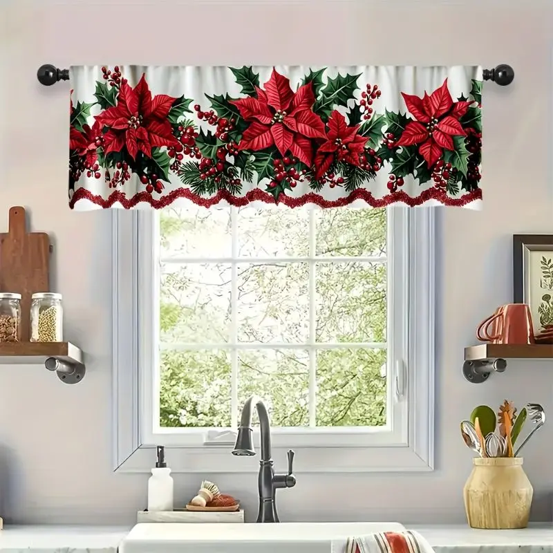 VIKAMA Christmas Kitchen Window Valance Poinsettia Holly Bow Xmas Balls for Home Farmhouse Holiday Window Curtain Decor