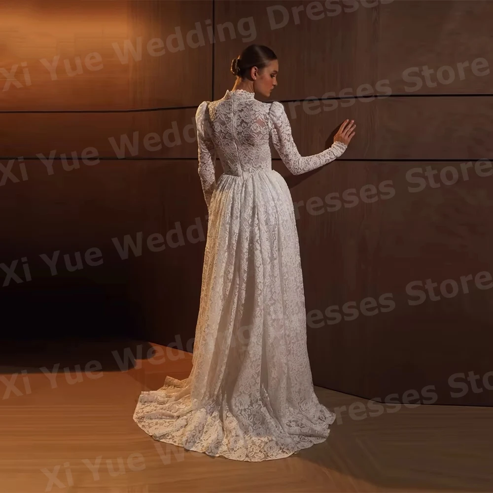 Elegant Pretty A Line Women's High Neck Lace Long Sleeve Wedding Dresses Vestido De Novia Bride Gowns Customized Robe De Mariée