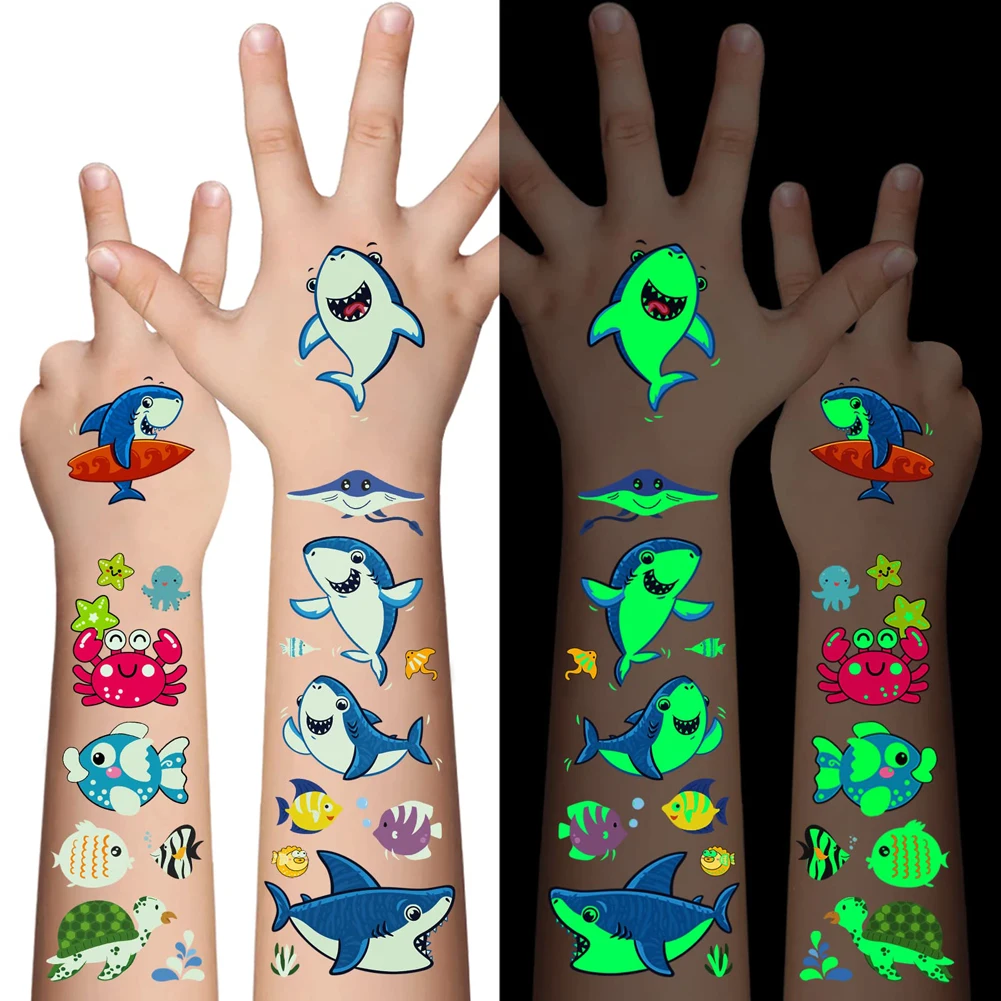 10Sheets Luminous Tattoo Anime Stickers Toys Children Body Art Temporary Fake Tattoos Waterproof Cartoon Unicorn Animal Mermaid