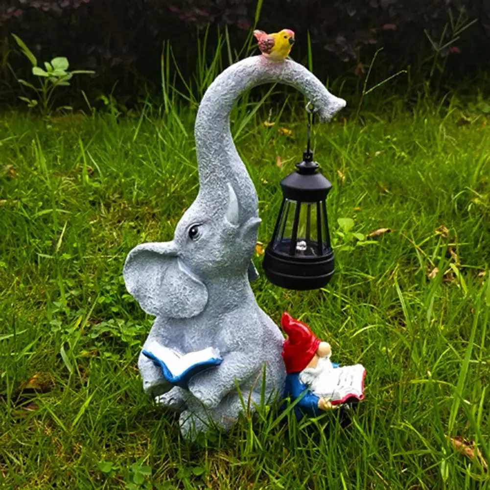 Solar Garden Statue Outdoor Elephant Gnome Solar Lantern Sculpture for Yard Decor Resin Figurine Gift for Mom Reading for Patio