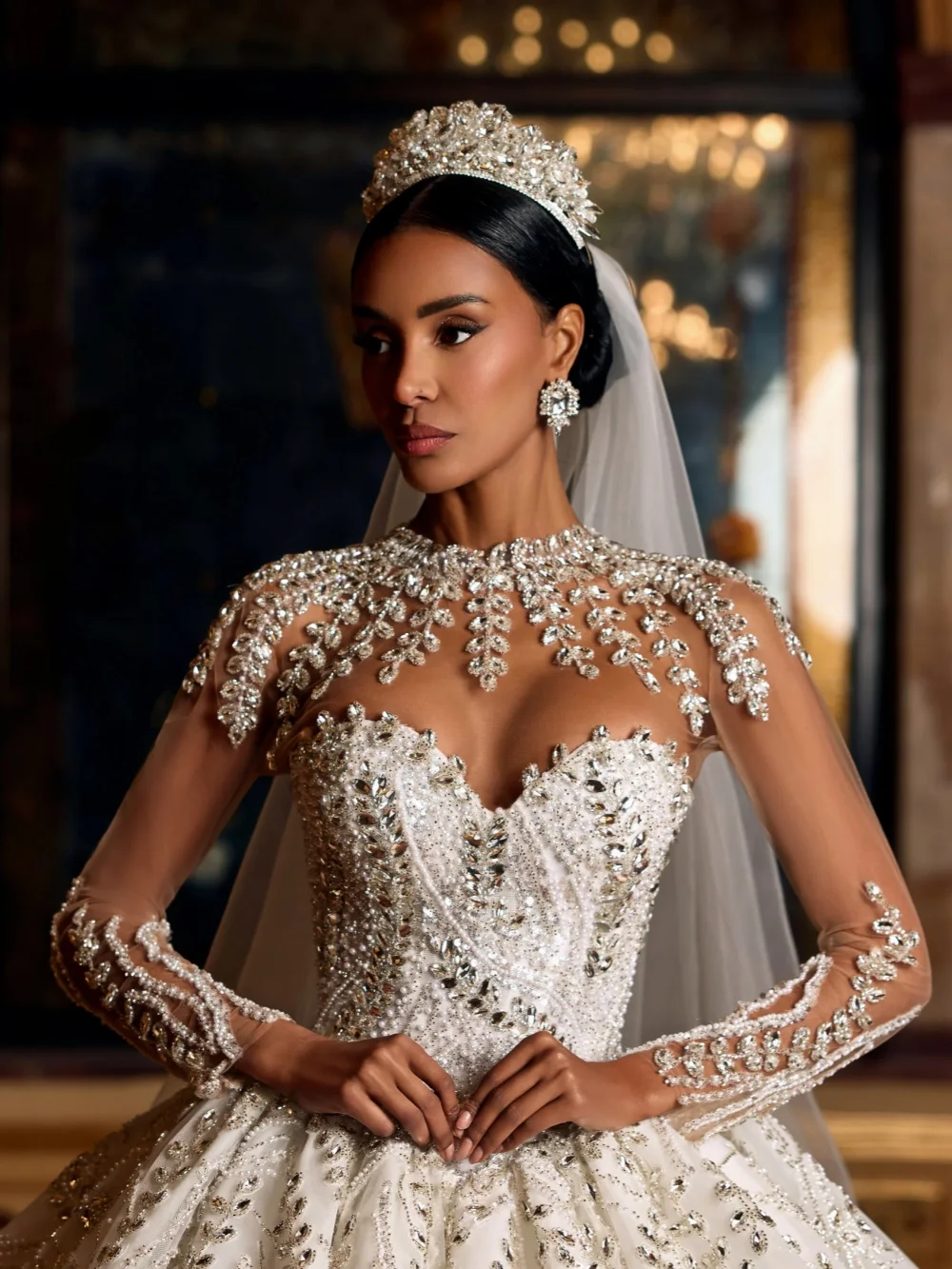 Silver Rhinestones Luxurious Wedding Dress Captivating Beaded High Collar Bridal Gown Customized Long Sleeved Dresses For Bride