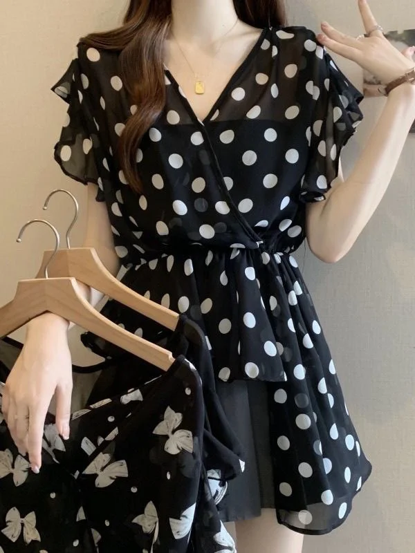 

Женский шифоновый топ больших размеров с высокой талией в горошек, утягивающий солнцезащитный топ с v-образным вырезом, свободная повседневная одежда