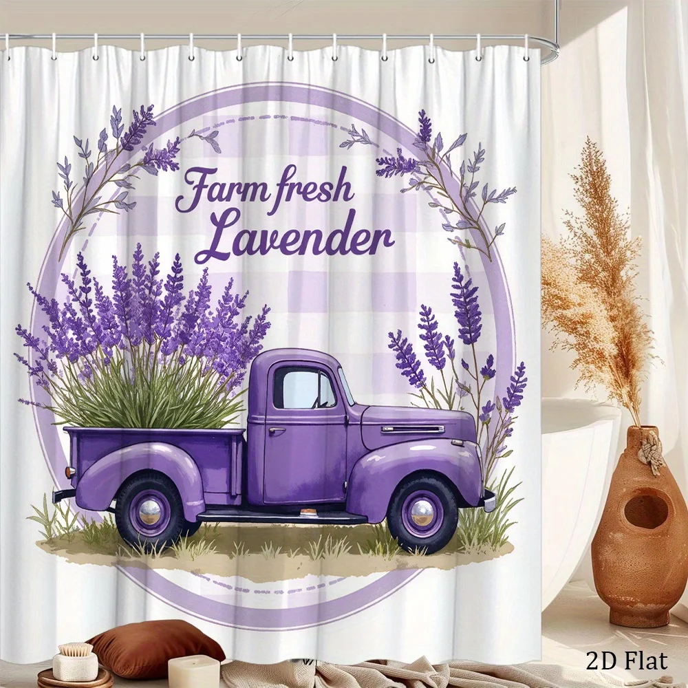 1pc Vintage Purple Pickup Truck with Lavender Bouquet Shower Curtain - Polyester, 