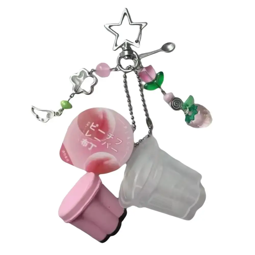 Heisei Retro Japanese Pudding Keychain Colorful Beads Bag Decoration Y2K Pendant Beaded Strawberry Tulip Pink Yellow