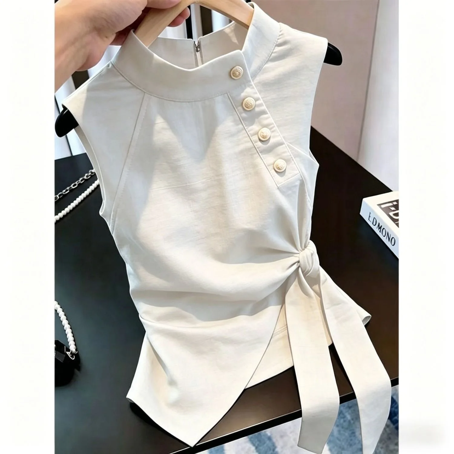 plus Size Asymmetrical Belted Stand Collar Sleeveless Shirt Women's Summer 2026 Slimming Versatile Elegance Top