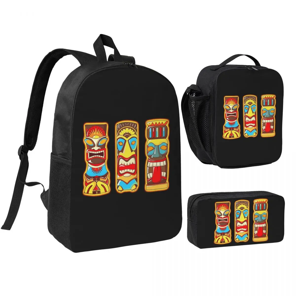 

Tiki Gods Totems Idols Retro Tropical Polynesian Backpack BookBag School Bag Shoulder Bags 3ps Insulated Lunch Bag Pencil Case