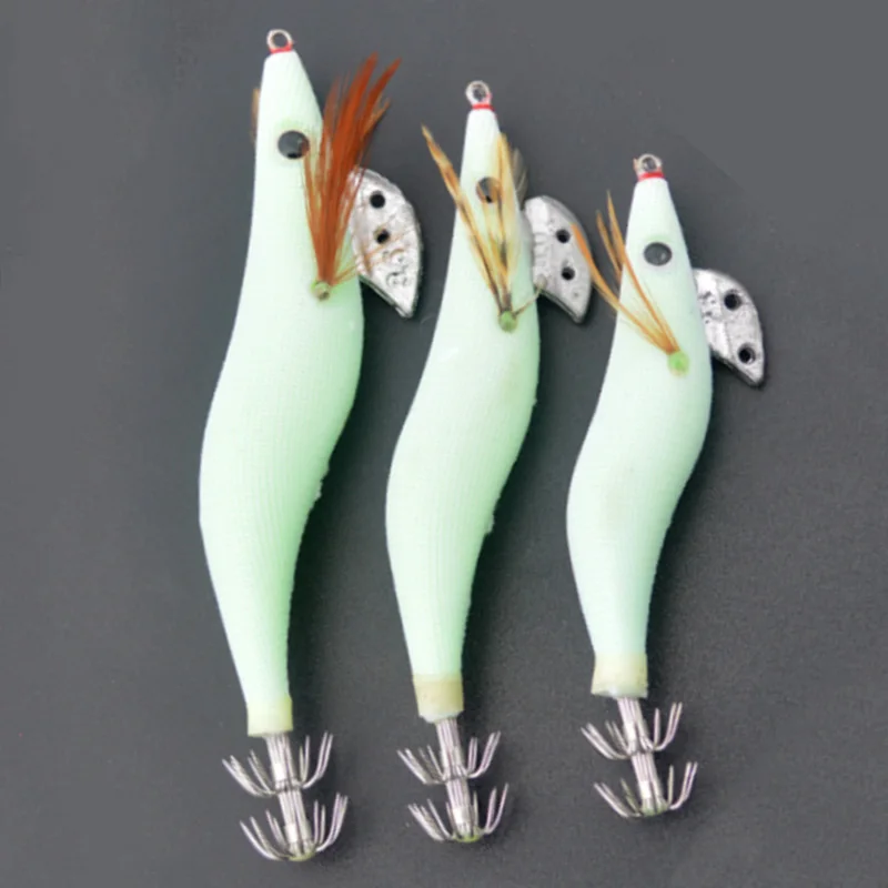 1PCS  Luminous Squid Jigs  White Glow Wood Shrimp with Octopus Squid Jig Hooks Cuttlefish Fishing Lure Size 2.5# 3.0# 3.5#