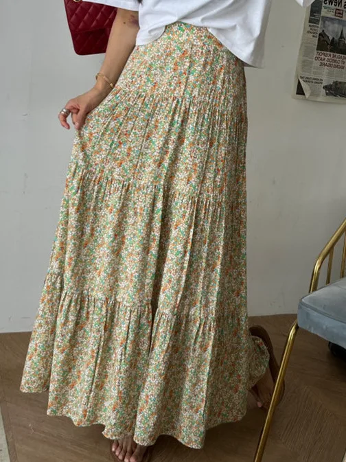 

Floral Print Long Skirt Women's Spring Summer New Sle Vintage f-length Fairy Skirt Pleated Cake Skirt Gown