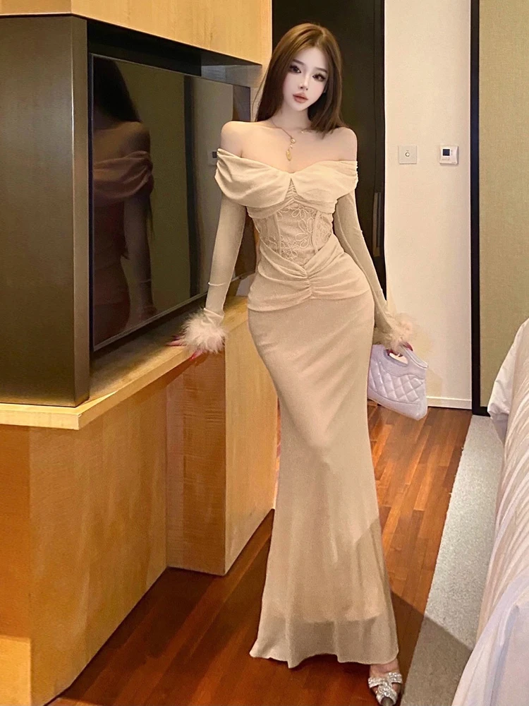 セクシーなY2Kスラッシュネックレースピンクボディコンドレス、黒のウエストシェイプ、ふわふわ袖のペンシルマーメイドヘムドレス、パーティー、プロム、ベスティドス、ローブ