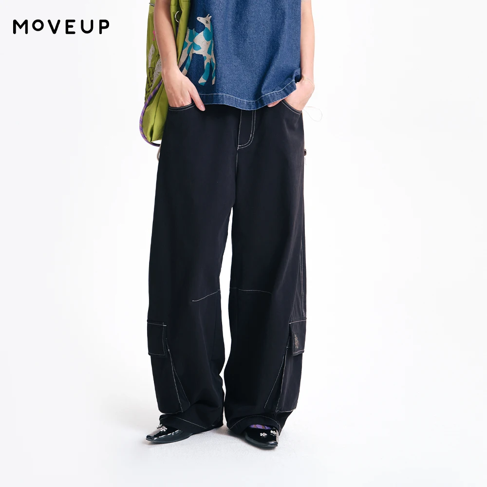 MOVEUP Straight Pants 2026 Spring New Pure Cotton Cartoon Cat Woven Label Multi Pocket Casual Loose Trousers Women 3ELC20125