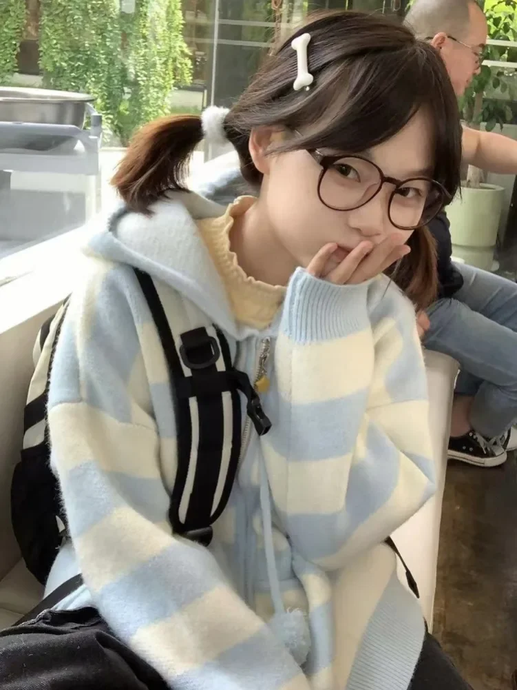 New Japanese Kawaii Cartoon Dog Embroidery Knited Cardigan Women All Match Striped Sweater Jackets Loose Zip Up Hooded Coats