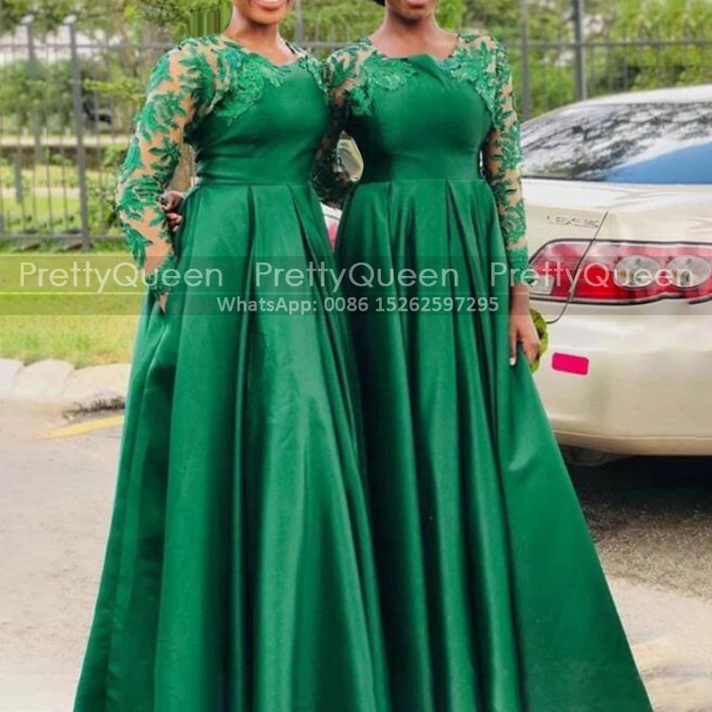 

Sheer Lace Bridesmaid Dresses With Long Sleeves Pleat A Line Appliques Jewel Neck Plus Size Women Wedding Guest Dress Party
