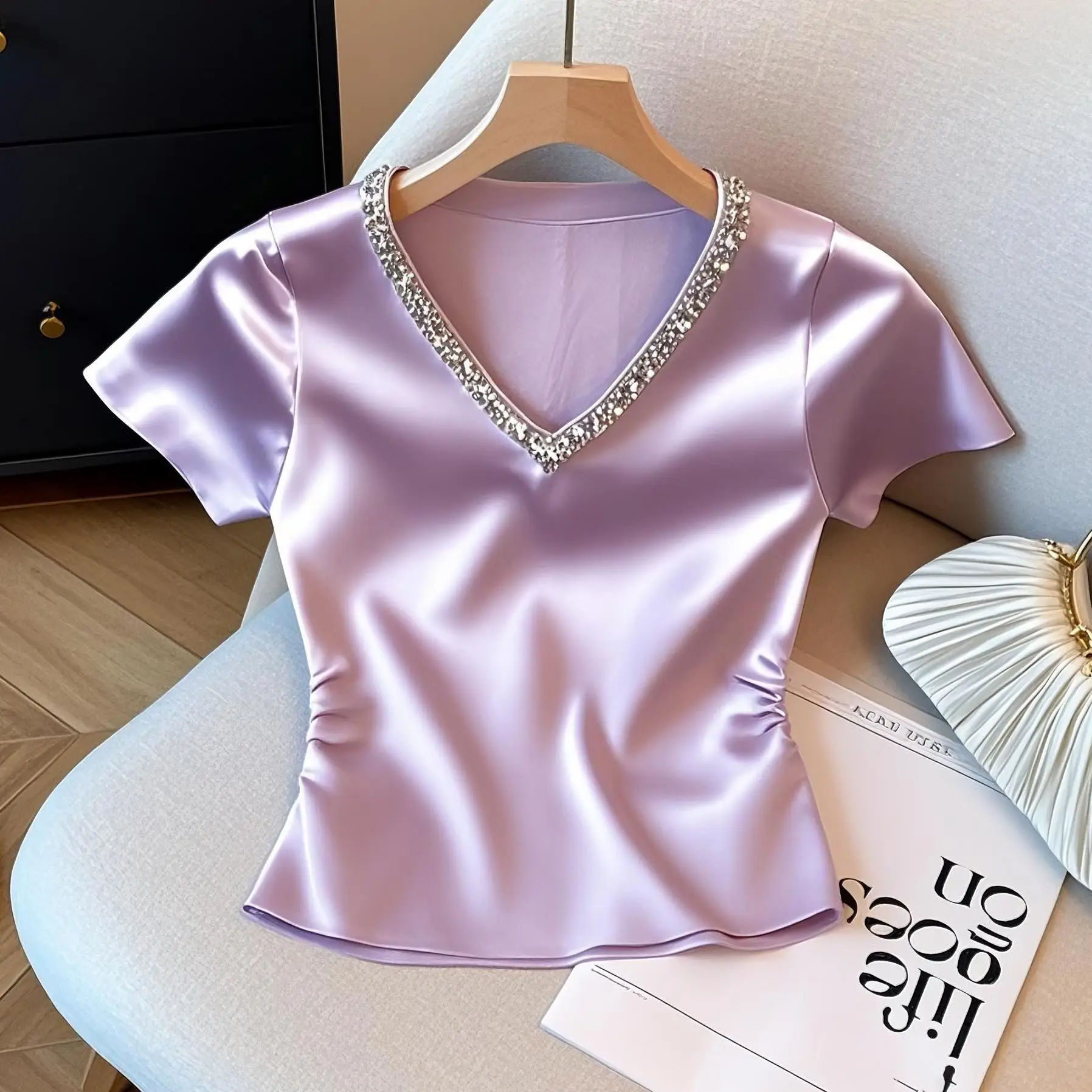 2025 French Elegant V Neck Satin Tops Women Casual Purple Beaded Short Sleeve T Shirt Luxury Party Outfit Noble Chic Bling Tee