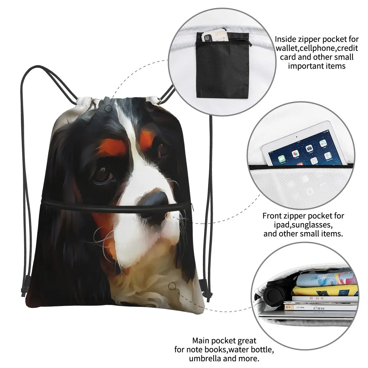 حقائب ظهر للكلاب من كافالير كينج تشارلز سبانيل، حقيبة ظهر محمولة برباط، حقيبة رياضية للجيب، حقائب كتب للطلاب والرجال والنساء