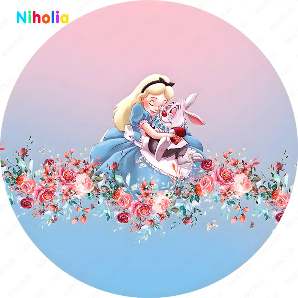 Disney Alice In Wonderland Princess Round Backdrop For Girls Kids Birthday Party Flowers Baby Shower Photography Backgrounds