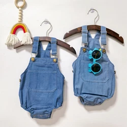 Korean Style Solid Blue Cowboy Breastplate Combo Jean Bib Baby Boy Girl Denim Overalls Suspenders Jumpsuit Pants Infant Outfits