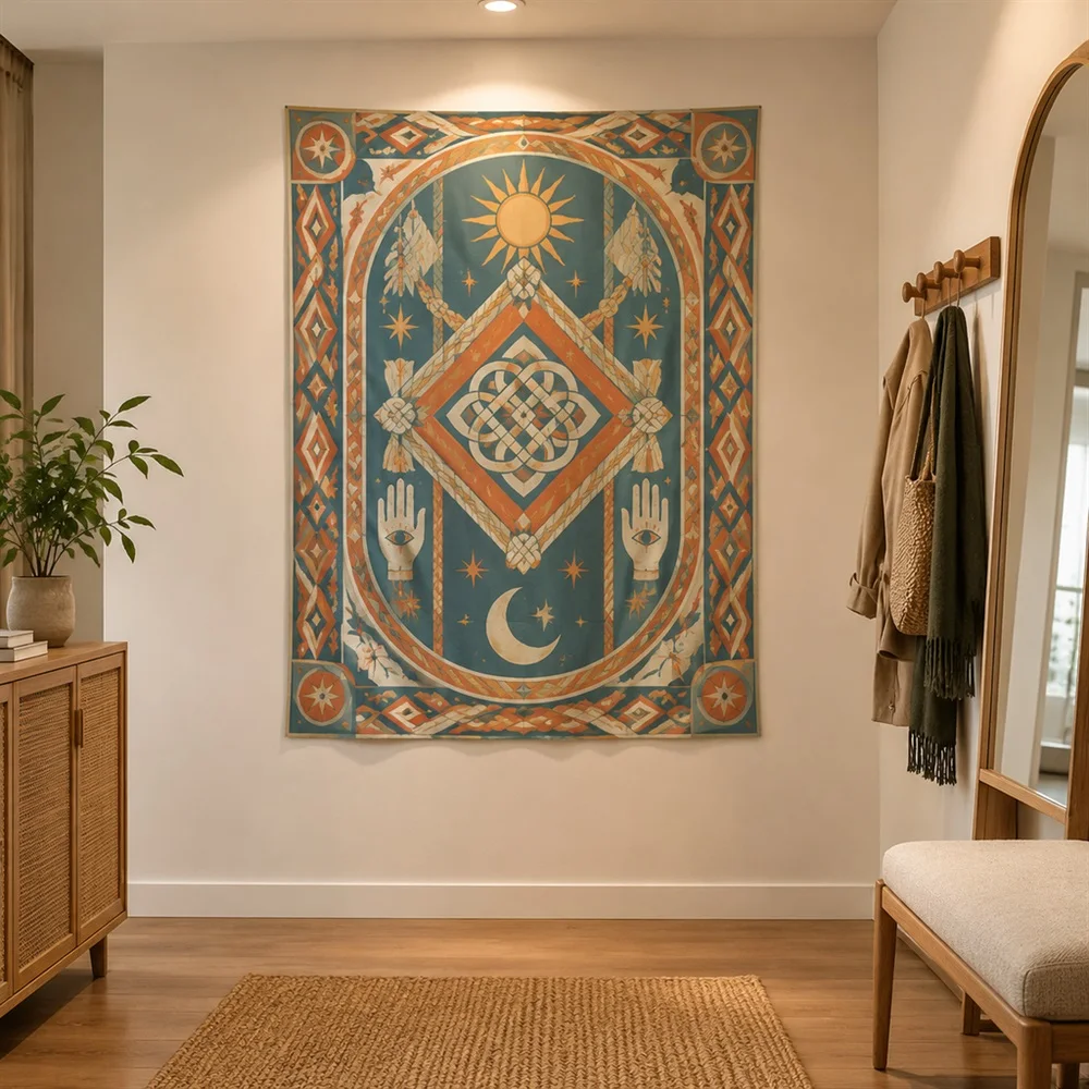 VIKAMA Macrame Knot Pattern Framed Panel Tapestry Wall Hanging, Bohemian Wall Decor Tapestries for Nursery Kids Room Bedroom