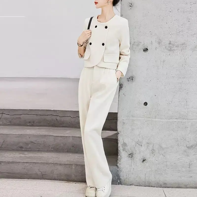 Woman's Winter British Style Short Woolen Coat Wide-leg Pants Set Retro Casual Round Neck Suit Blazer Trousers Two-piece Sets