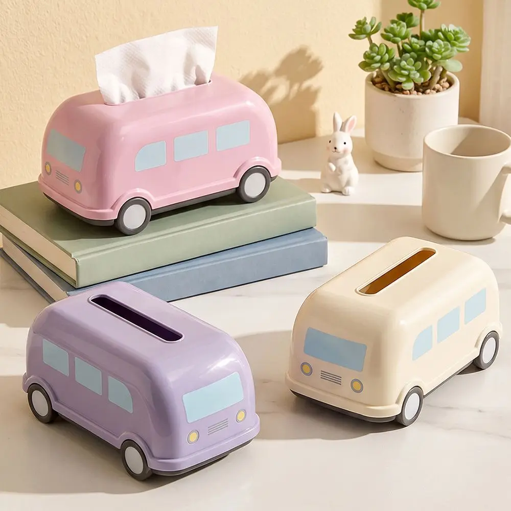 Large Capacity Bus Tissue Box Retro Creative Cartoon Napkin Dispenser Smooth Extraction Movable Wheels Napkin Container