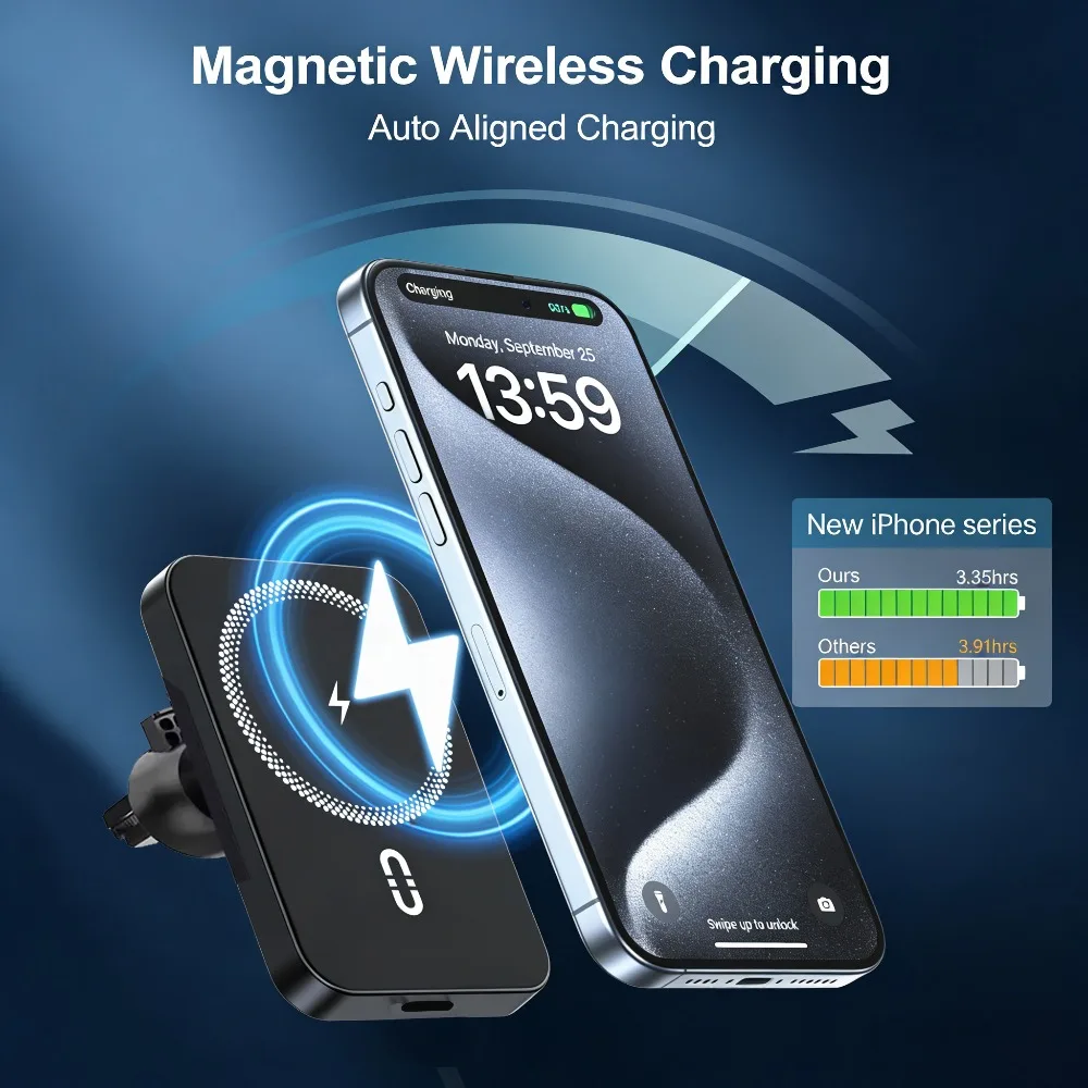 360° drehbarer magnetischer Auto-Lüftungshalter mit kabellosem Ladegerät für MagSafe iPhone 17~12 Samsung Xiaomi Handyhalterung – Detail 2