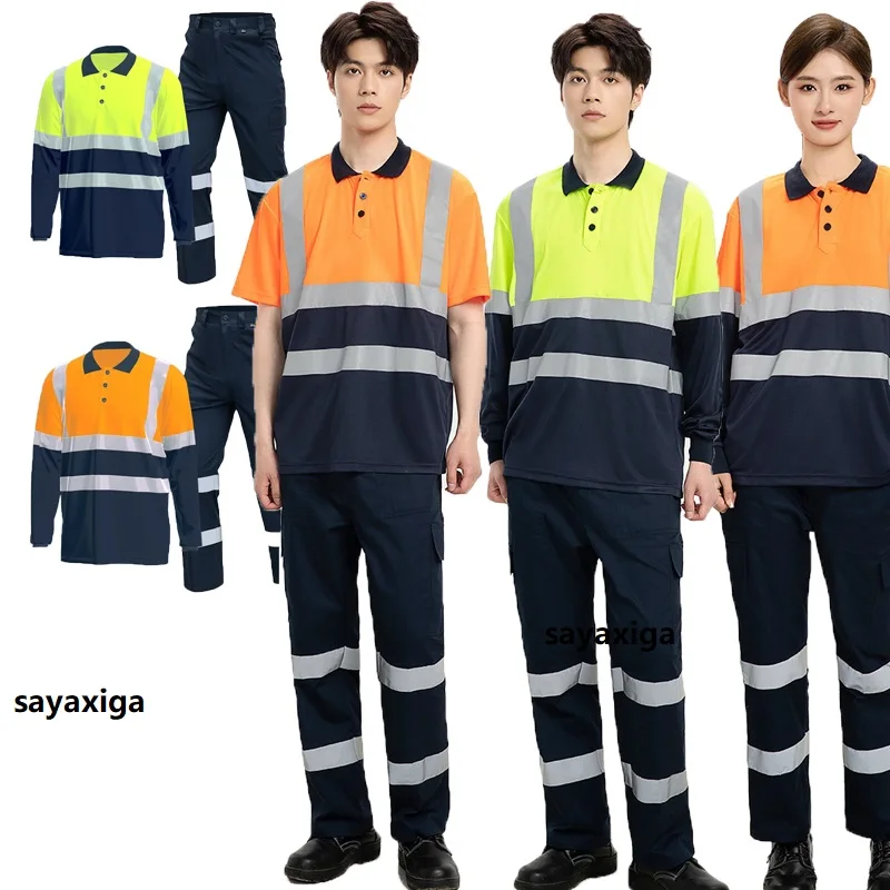 

Hi Vis safety work clothing Summer Workwear Reflective stripes Polo Shirts trousers Quick-dry Construction Shirt for men wormen