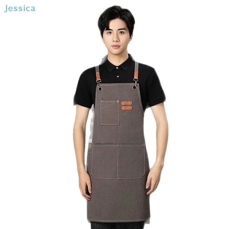 ♥Black Denim Apron with Multiple Pockets Adjustable Straps & Leather Accents, Ideal for Kitchen,Barista,Craft & Workshop Use view 2