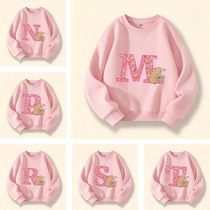 2026 cartoon print hooded shirt A-Z alphabet card Capibara children's crew-neck pullover boys' sports shirt girls' casual top