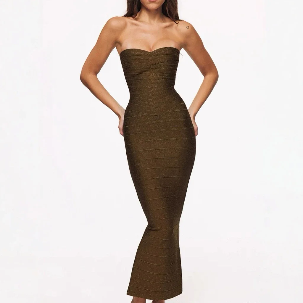 2026 New Fashion Strapless Bandage Maxi Dress Sexy Backless Sleeveless Tube Bodycon Dresses Celebrity Evening Party Formal Gowns