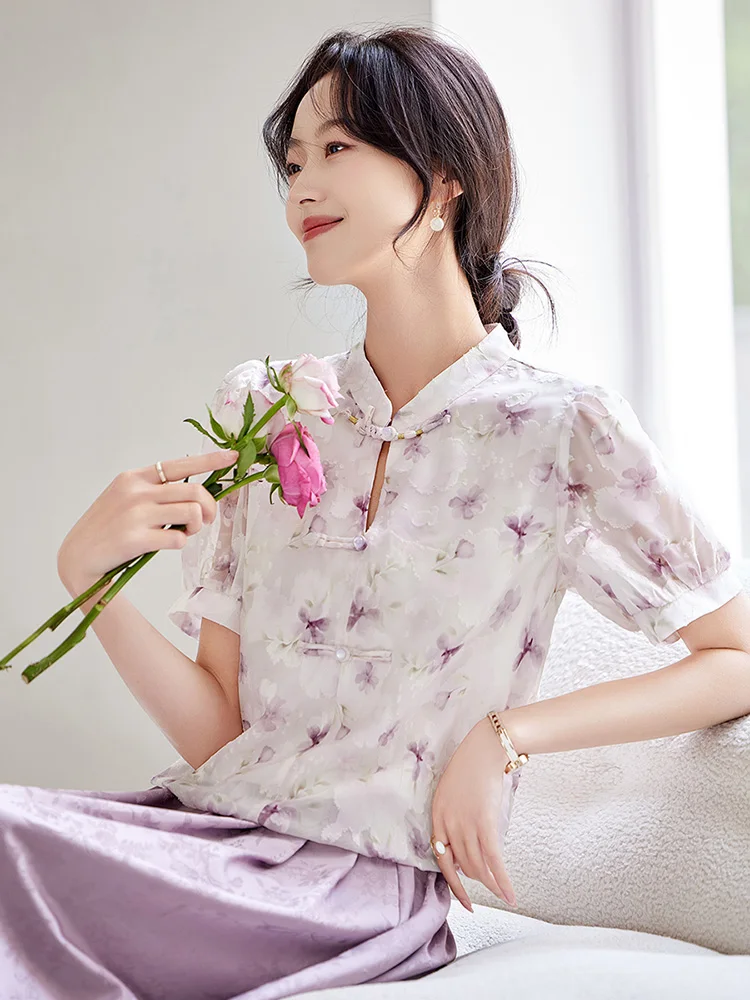 

Xinfei Yuzhong New Chinese Sle irt Women Summer ort Sve Design Sense Faionable Print Top Knot Collar