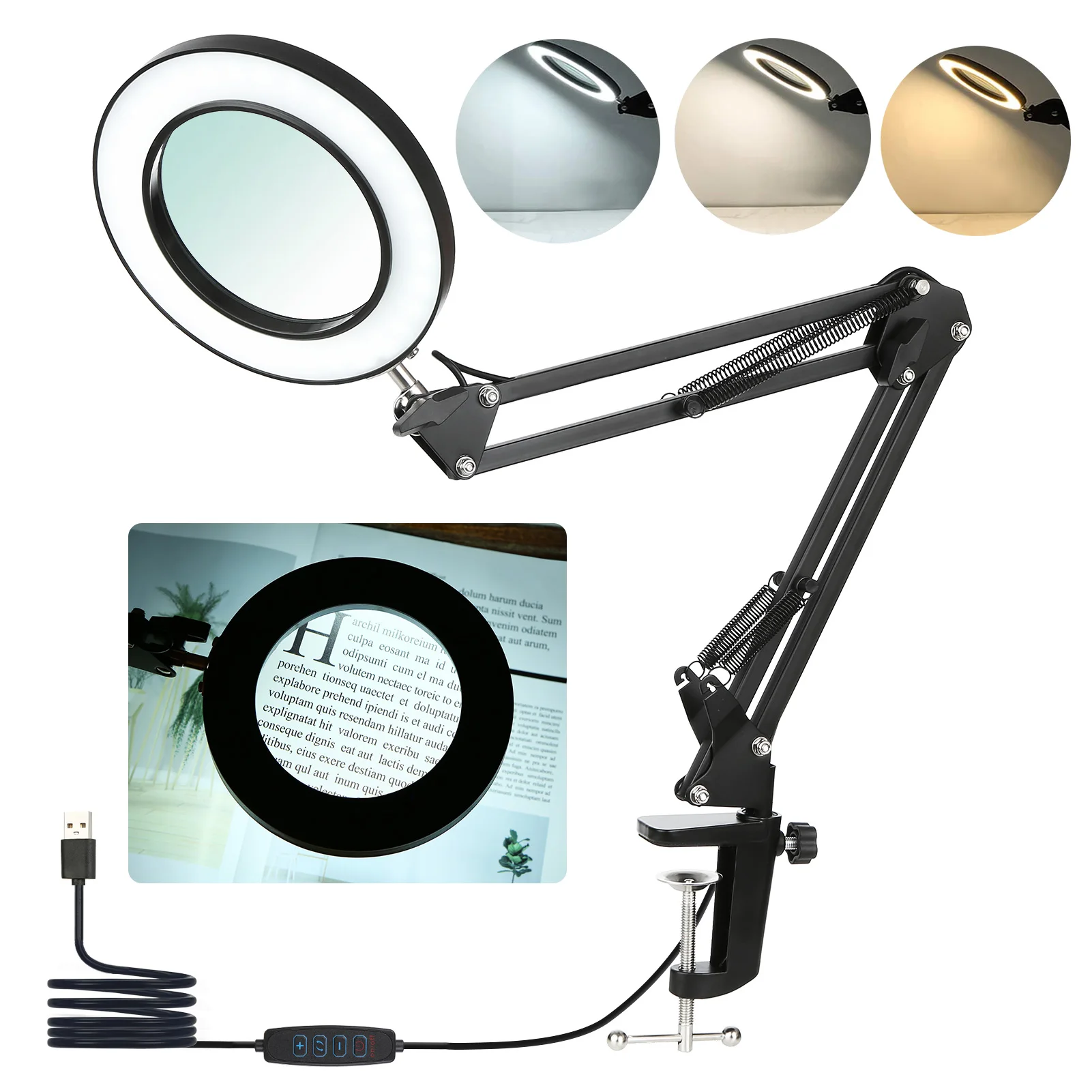 

3 Color Flexible Clamp-on Table Lamp with 8x Magnifier Swing Arm Dimmable LEDs Desk Light 10 Levels Reading Working Study Light