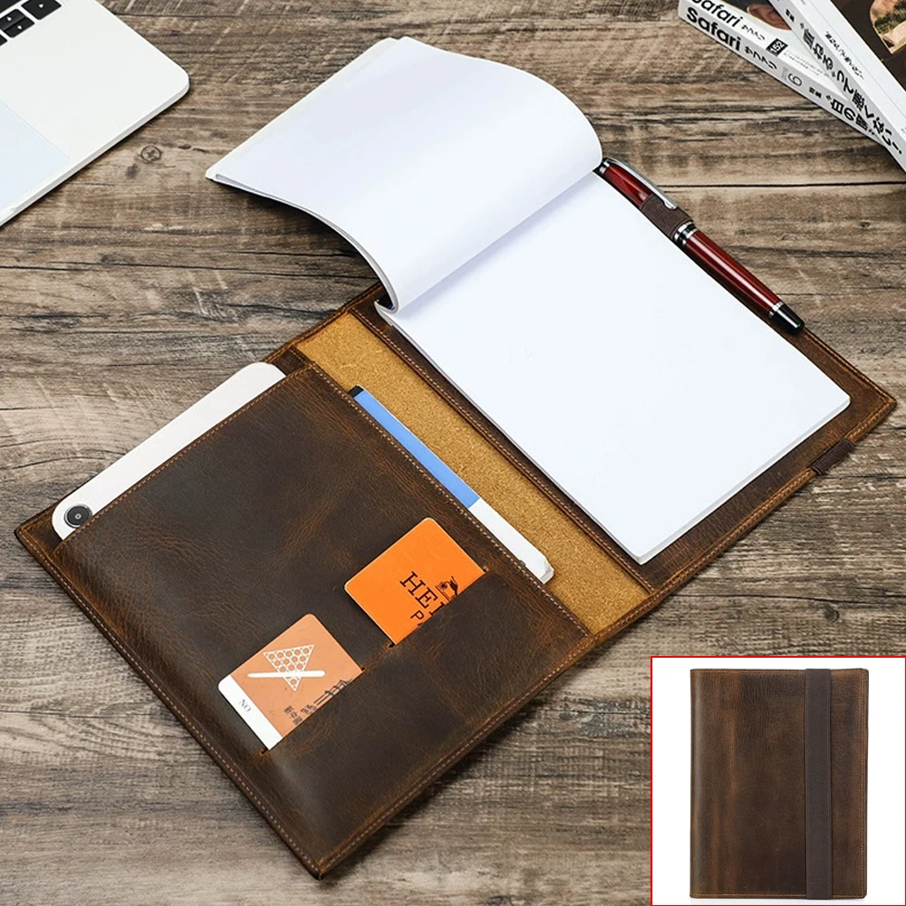 Crazy Horse Genuine Leather A5 Notebook Cover with Pen Holder, Multifunctional Journal Protective Case, Retro Planner Sleeve