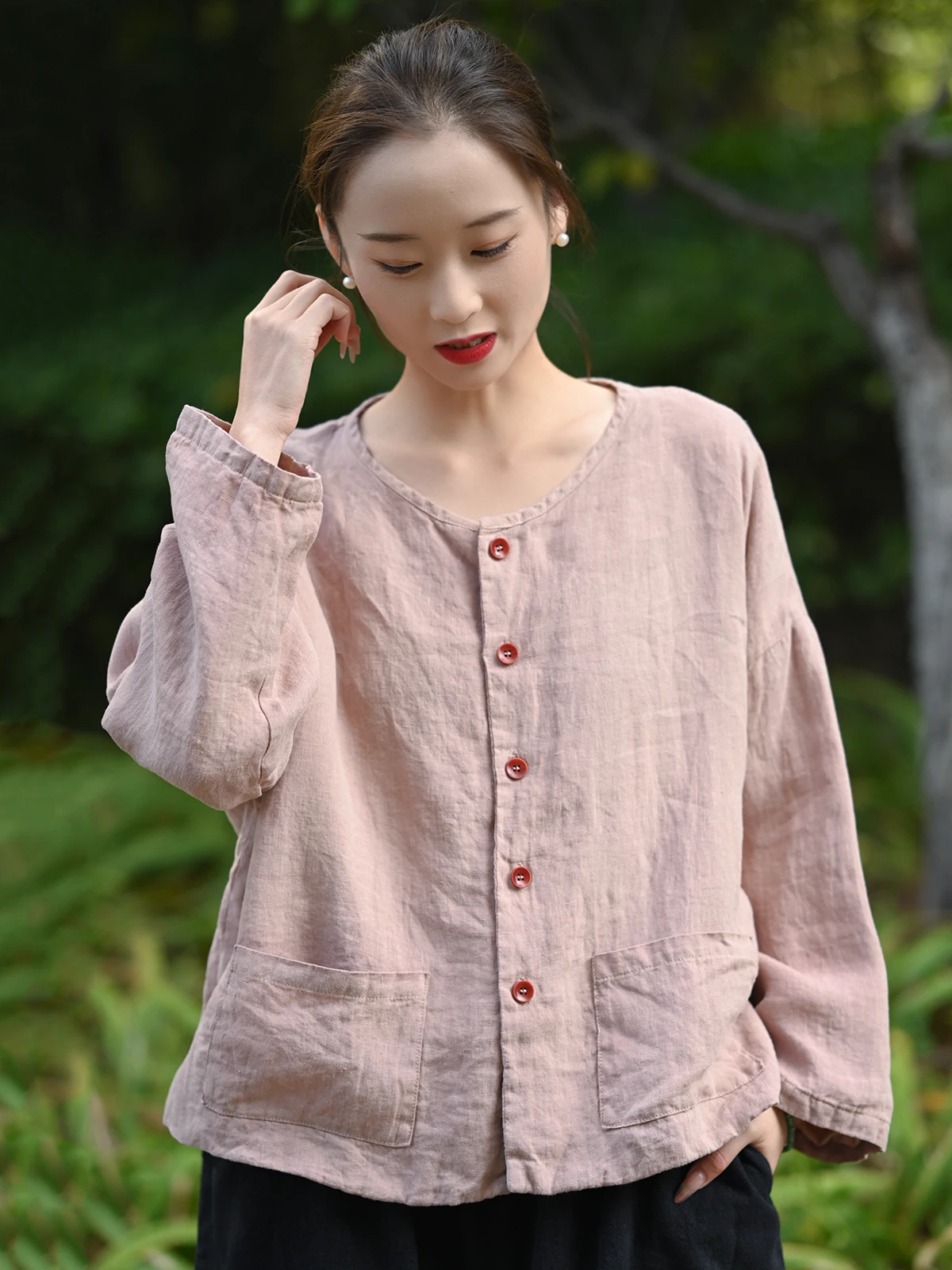 

Spring New Original Design Cotton Linen irt Women Long Sve Artistic Retro Loose Sand Waed Double Layered Blouse