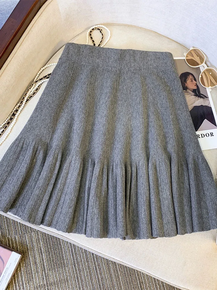 Autumn Winter Pleated Skirt Women Thick Knitted Short Preppy Mini Skirt High-waisted A-line