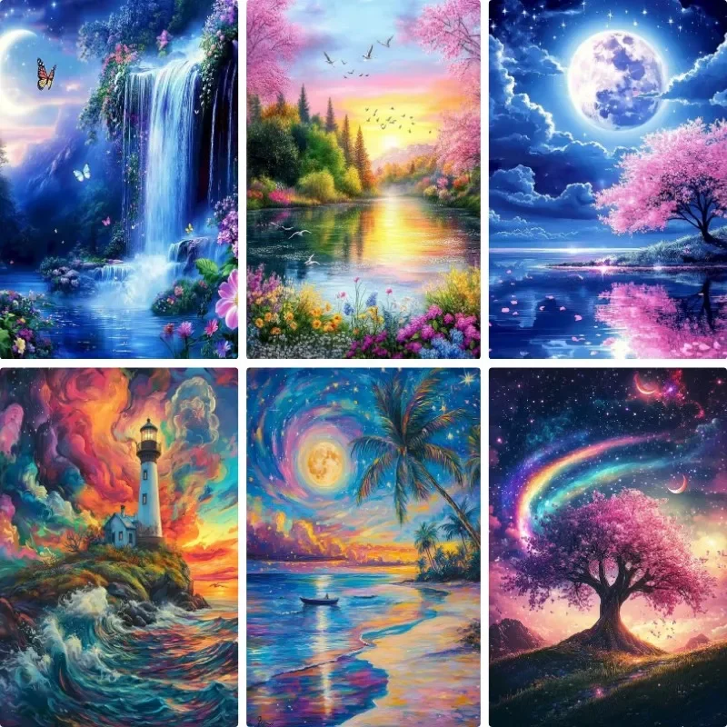 DIY Fantasy Landscape Diamond Painting Waterfall  Lighthouse Galaxy Handmade Art Exquisite Creative Gift Home Decoration