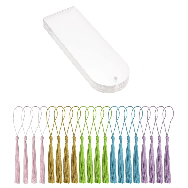 T79C Blank Clear Acrylic Bookmarks 20Pcs Rectangle Craft Transparent Acrylic Book Markers with 20Pcs Small Bookmark Tassels