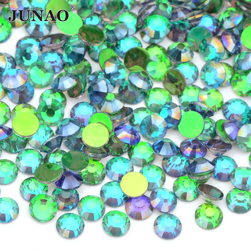 JUNAO Top Quality SS6 8 10 12 16 20 30 Shiny Aurora Green Flatback Glass Rhinestone Non Hotfix Strass Applique For DIY Crafts