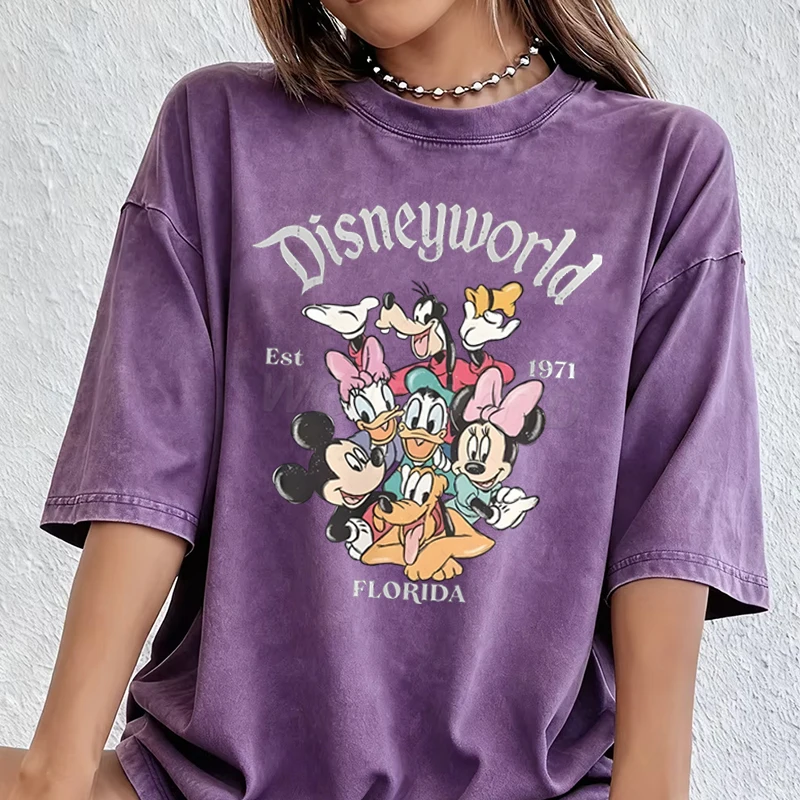

Мужские и женские винтажные футболки с эффектом потертости, с принтом Микки и друзья, оверсайз, повседневные, с коротким рукавом, 100% хлопок, высокое качество