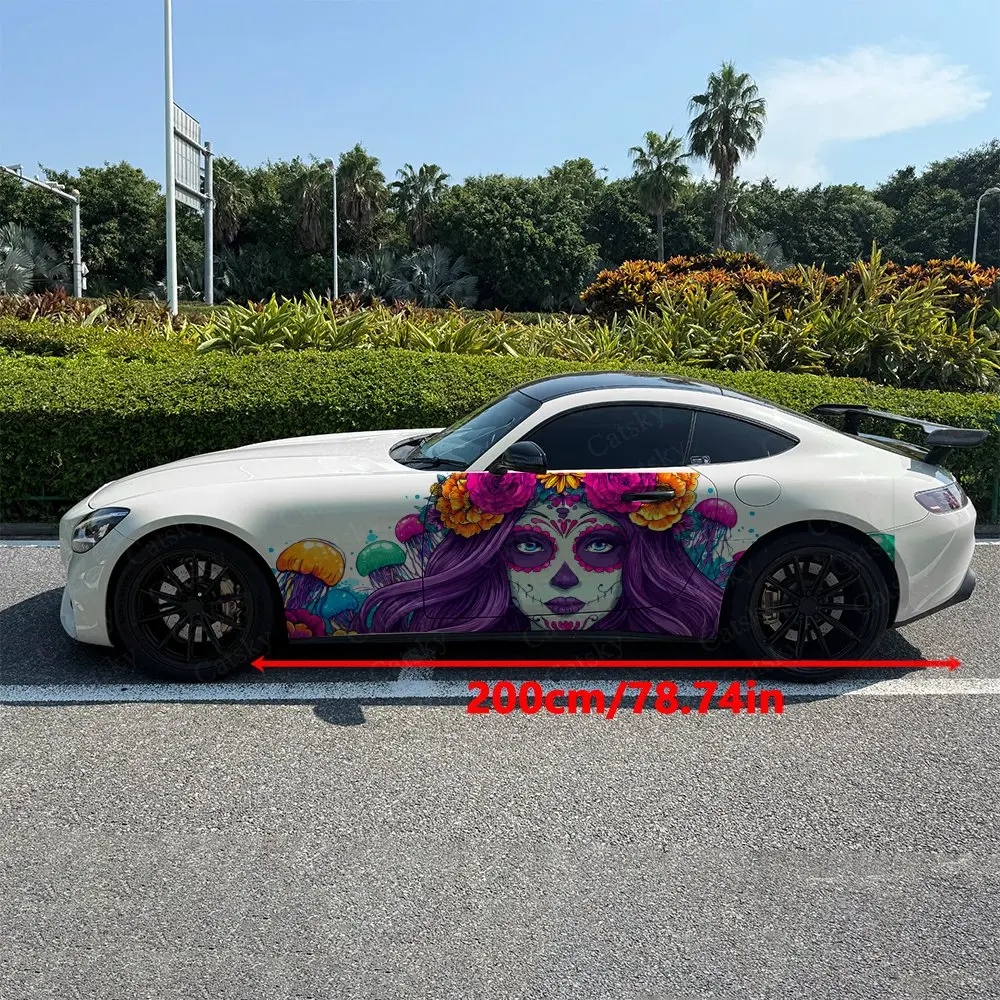 2pcs Mystery Dead Makeup Floral Lady Car Side Wrap, Self-Adhesive PVC Waterproof & Scratch-Resistant Sticker, Car Accessory Gift