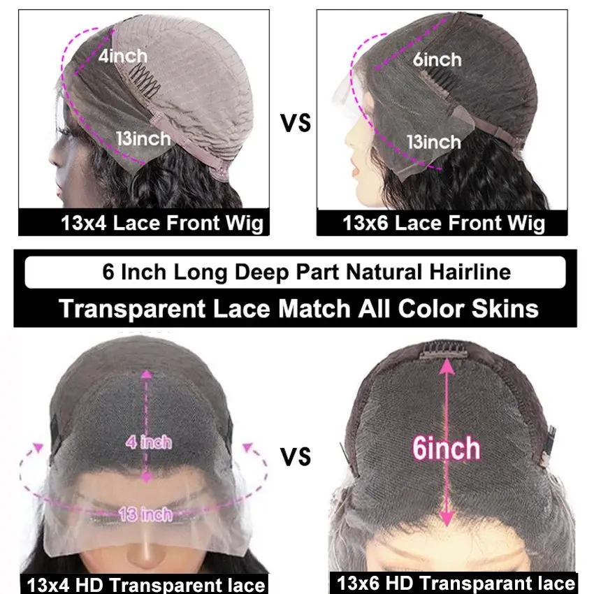 20 36 Inch Deep Wave Natural Black 180 Density 13x6 HD Lace Forehead Wig Transparent Human Hair Curly High Quality Women  Wig