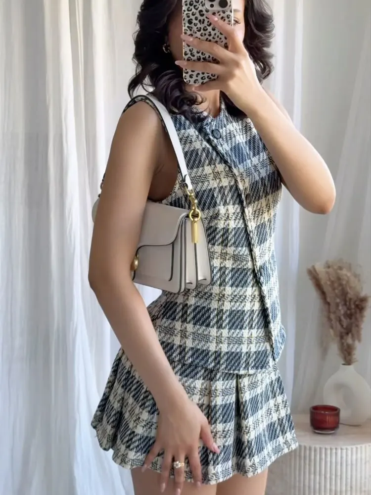 HH Dames Elegante Geruite Textuur Pak Mouwloos Single-breasted Vest Top + Brede Geplooide Hoge Taille A-lijn Culottes Retro Set