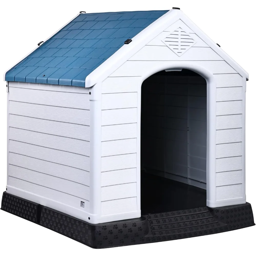 

Plastic Dog House, Insulated Doghouse Puppy Shelter, Water Resistant Easy Assembly Sturdy Dog Kennel with Elevated Floor and Ai