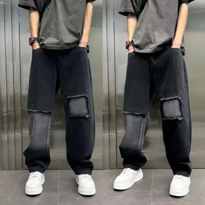 Men's Casual Denim Patchwork Jeans Versatile Autumn Fashionable Long Trousers Wear Resistant Loose Fit Jeans for Youth
