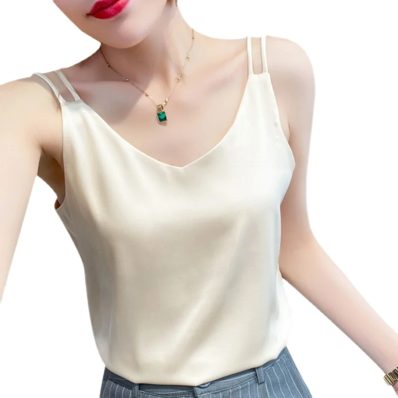Chaleco Csole de seda Traje interior de partido para mujer Blanco Bla Base de satén Top de seda Primavera Verano Pequeño V-ne