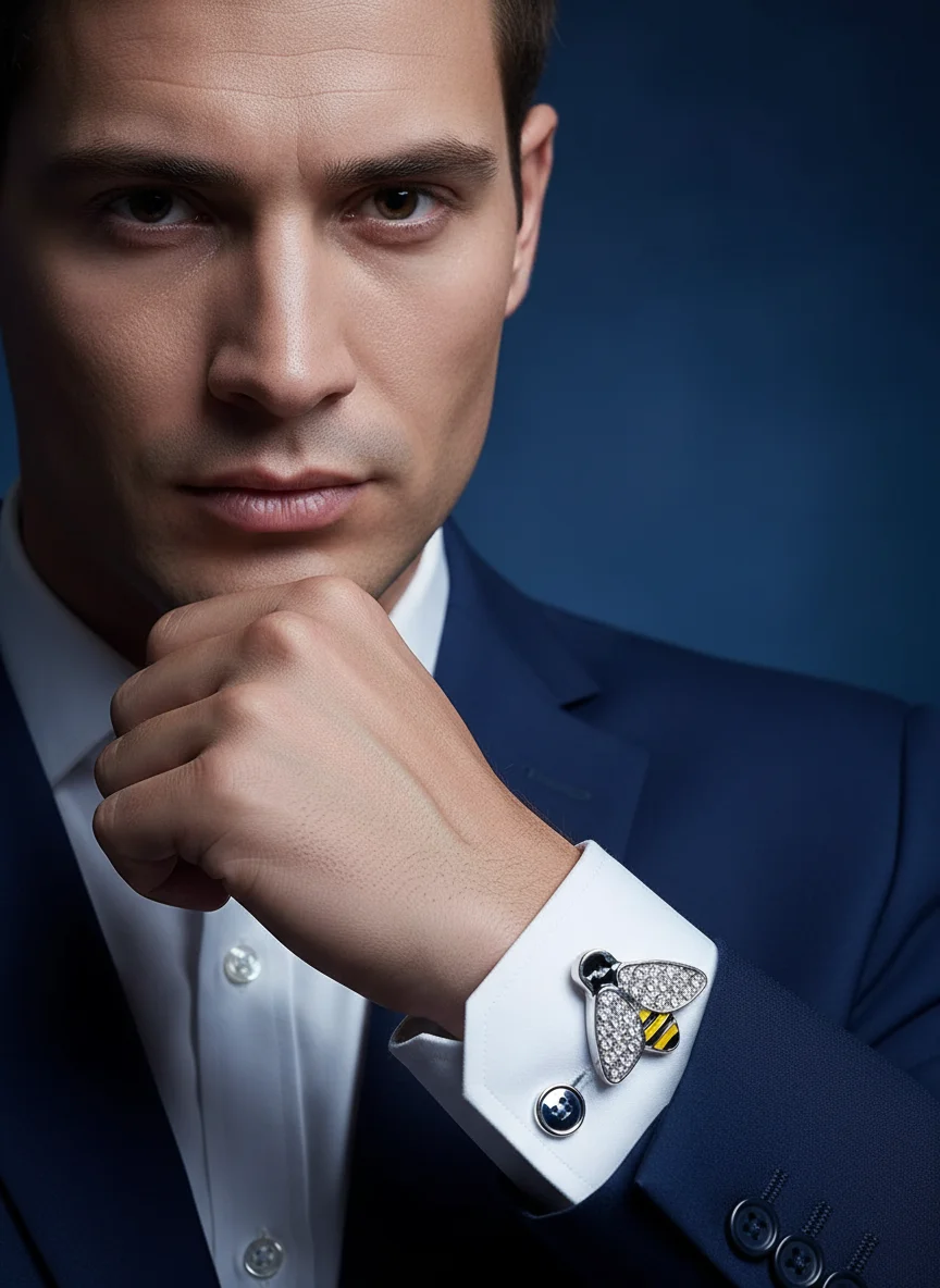 Business Mens Proud to Bee Crystal Cufflinks Silver Tone Insect Sleeve Button Cheap Items With Free Shipping