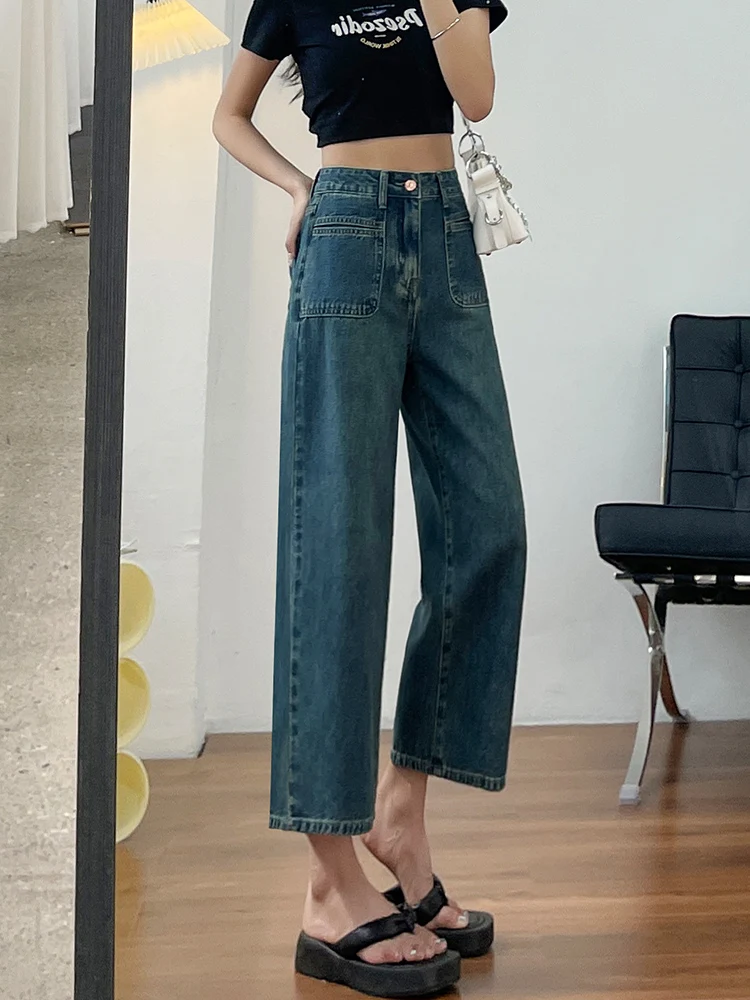 No stretch women jeans new straight leg wide streetwear high waist boyfriend pockets denim trousers cargo pants japanese y2k