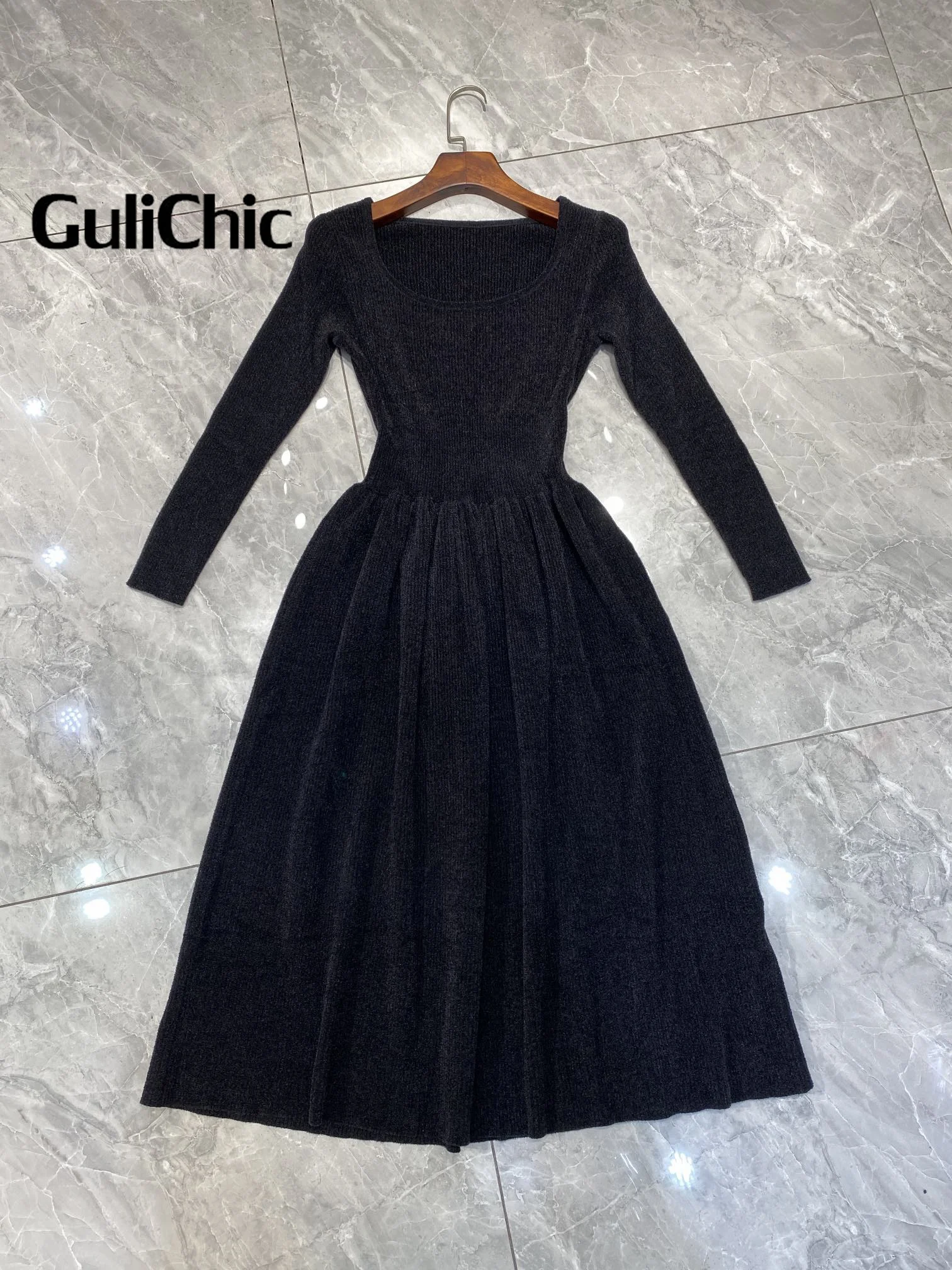 10.16 GuliChic Simple Fashion Temperament Square Collar Long Sleeve High Waist Slim Corduroy Midi Dress Women