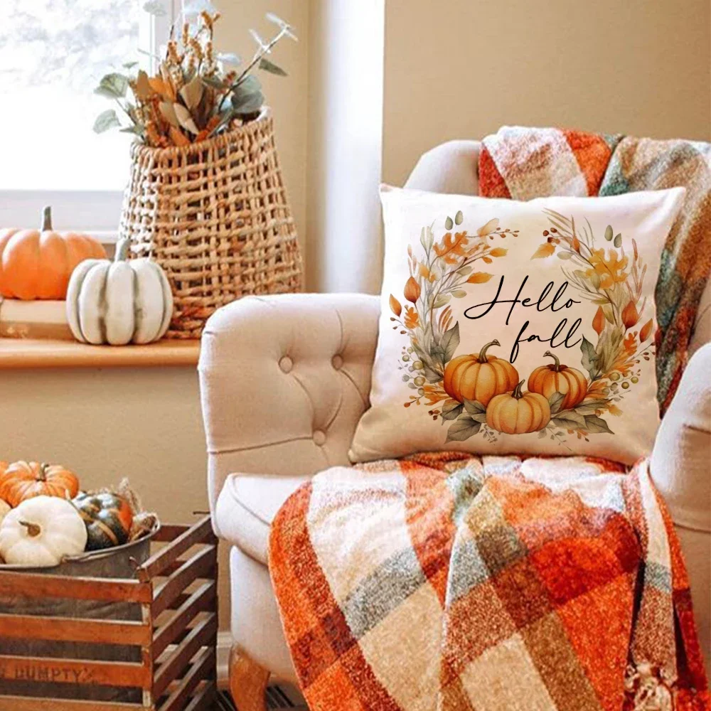 Happy Fall Pillowcover Fall Pumpkin Bunny Orange Design Cushion Cover Thanksgiving Party Autumn Decor Room Home Decor