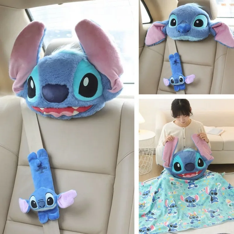 Disney Cartoon Lilo & Stitch Car Headrest Neck Pillow Universal Back Pillow Cute Car Travel Supplies Interior Accessories