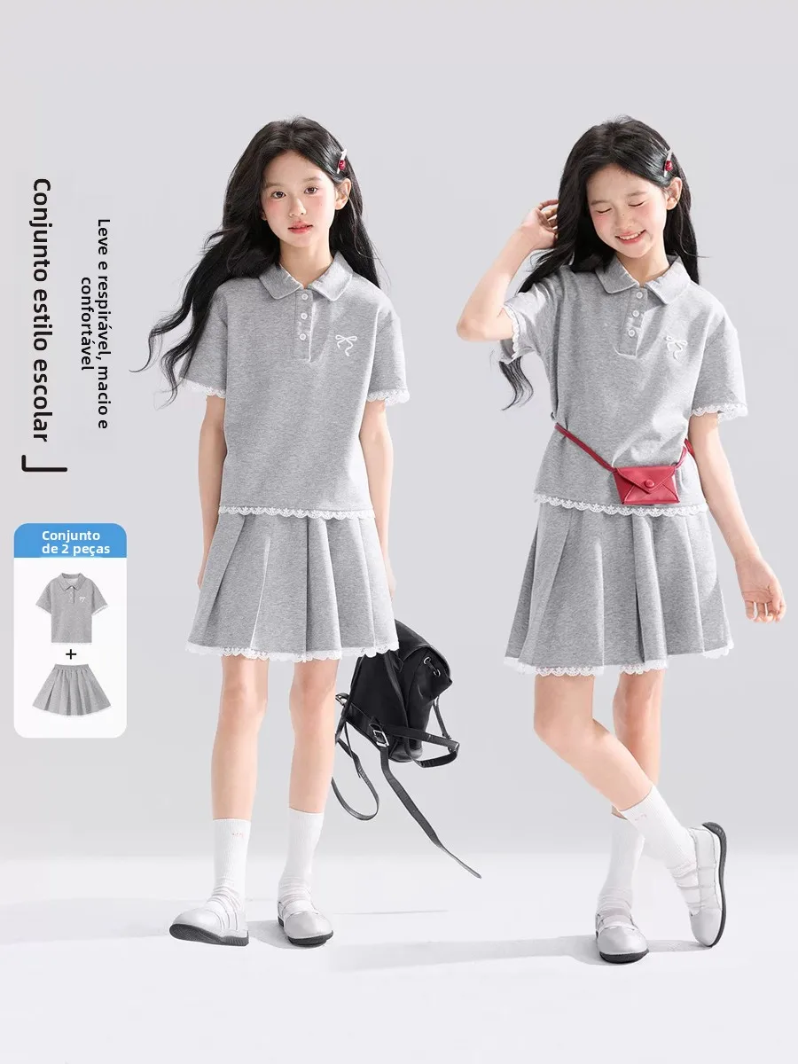 girls-summer-outfit-short-sleeve-shirt-and-pleated-skirt-two-piece-set-children's-fashionable-school-uniform-style-clothing