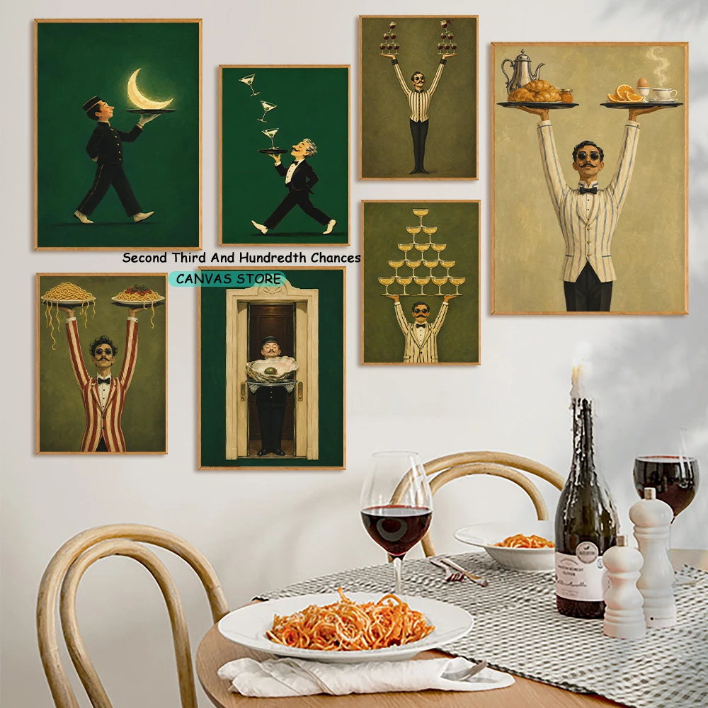 French Breakfast Croissant Coffee Wall Decor Vintage Cafe Poster Parisian Kitchen Funny Pasta Wine Waiter Canvas Painting Decor